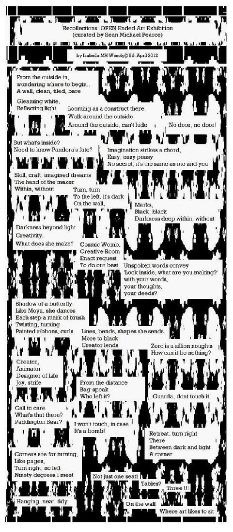 Poem written by Isabella Wesoly, review of Open Ended Art Exhibition curated by Sean Michael Pearce and Chantal Simon, at Open Ealing Arts Centre, 113 Uxbridge Road, London W13 